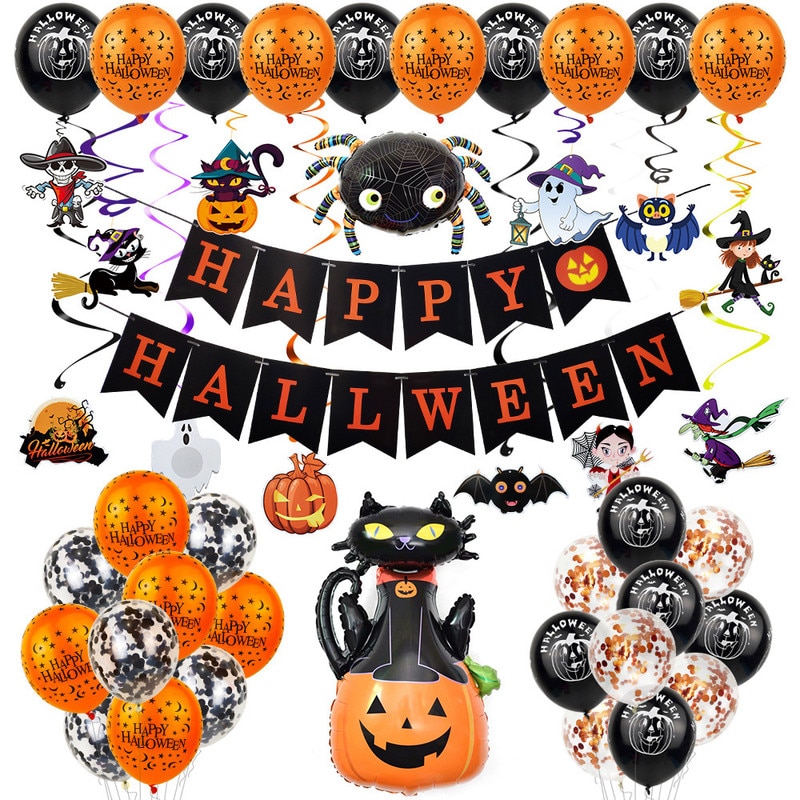 Set baloane, Cafuneplus®, decoratiuni petrecere Halloween cu pisica si fantoma, 49 piese negru, portocaliu