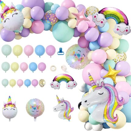 Set baloane si decoratiuni aniversare copii, baloane latex pentru arcada, culori pastel, curcubeu, 131 PCS, Unicorn 111 cm, TZ-KT0002