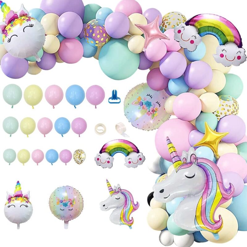 Set baloane si decoratiuni aniversare copii, baloane latex pentru arcada, culori pastel, curcubeu, 131 PCS, Unicorn 111 cm, TZ-KT0002
