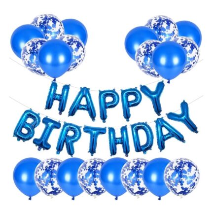 Set 45 de baloane cu confetti, 13 baloane folie tematice aniversare" HAPPY BIRTHDAY", 40 cm, decoratiune pentru evenimente, color albastru, HAPPY JOKER®