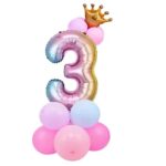 Set Balonane din folie cifra 3, 82cm, cu coroana din folie 25cm, 12 baloane latex multicolor 30cm, HAPPY JOKER®