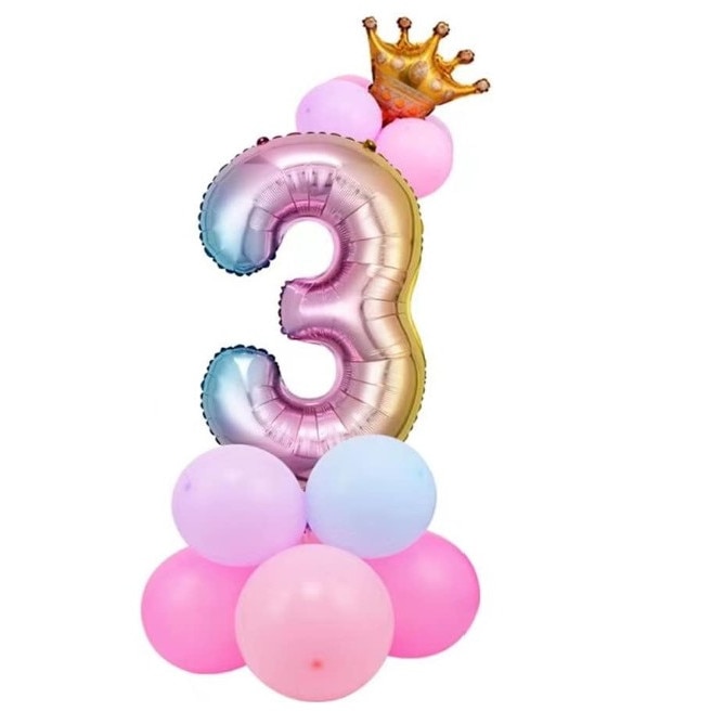 Set Balonane din folie cifra 3, 82cm, cu coroana din folie 25cm, 12 baloane latex multicolor 30cm, HAPPY JOKER®