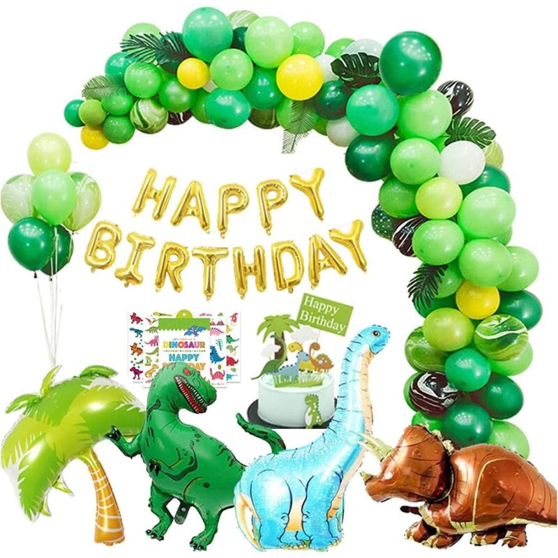 Set baloane si decoratiuni aniversare copii, Simply Joy, baloane cu dinozauri, La Multi Ani, pentru petrecerea copiilor cu tematica Dinozaur, 113 buc, Verde