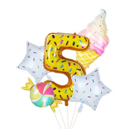 Set 5 piese, balon folie gigant cifra 5, inaltime 80 cm, candy decor gogoasa, inghetata