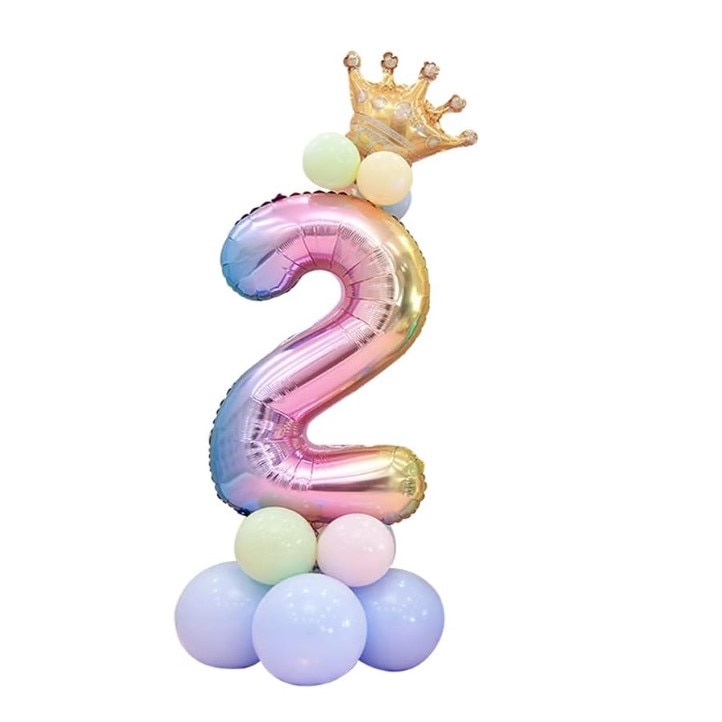 Balon folie Cifra 2, 82 cm, curcubeu, cu Coronita, 12 baloane latex multicolor, HAPPY JOKER®