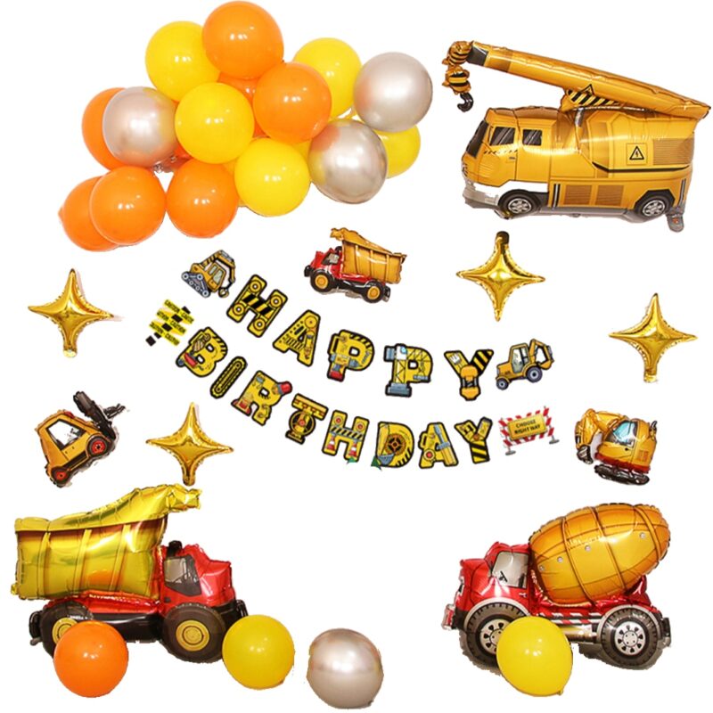 Set baloane si decoratiuni petrecere aniversara pentru copii, Vehicul de constructie, Cu pompa de aer, ZYuuan, Portocale
