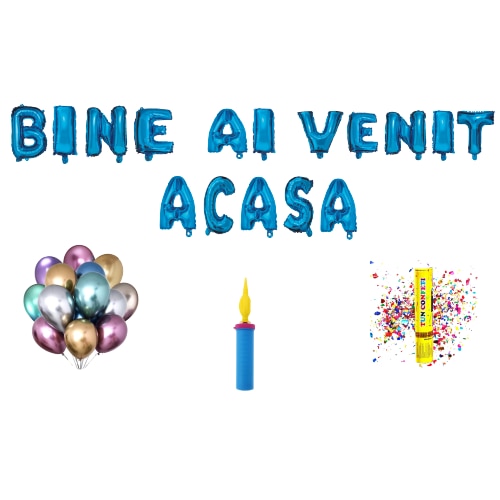 Set baloane cu mesaj bine ai venit acasa, albastru, Wili Topper Rom, 69buc