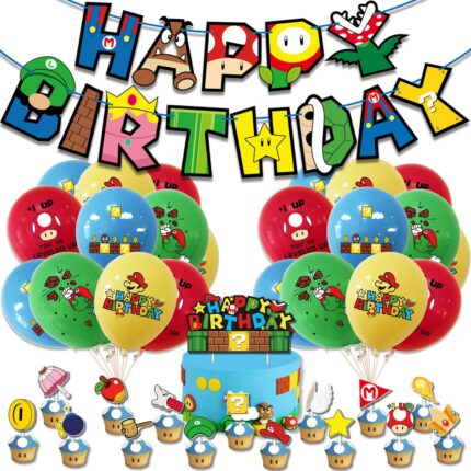 Set de 20 de baloane, 1 banner La multi ani, 16 palarii pentru cupcake, 1 palarie pentru tort, New Huaao, Latex, Multicolor