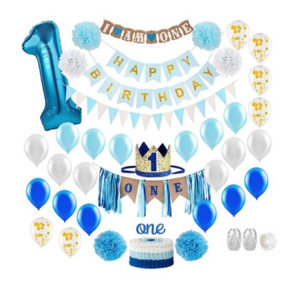 Set decoratiuni si baloane aniversare copii pentru baietel, 1 an, petrecere de mot, alb, albastru, bleu
