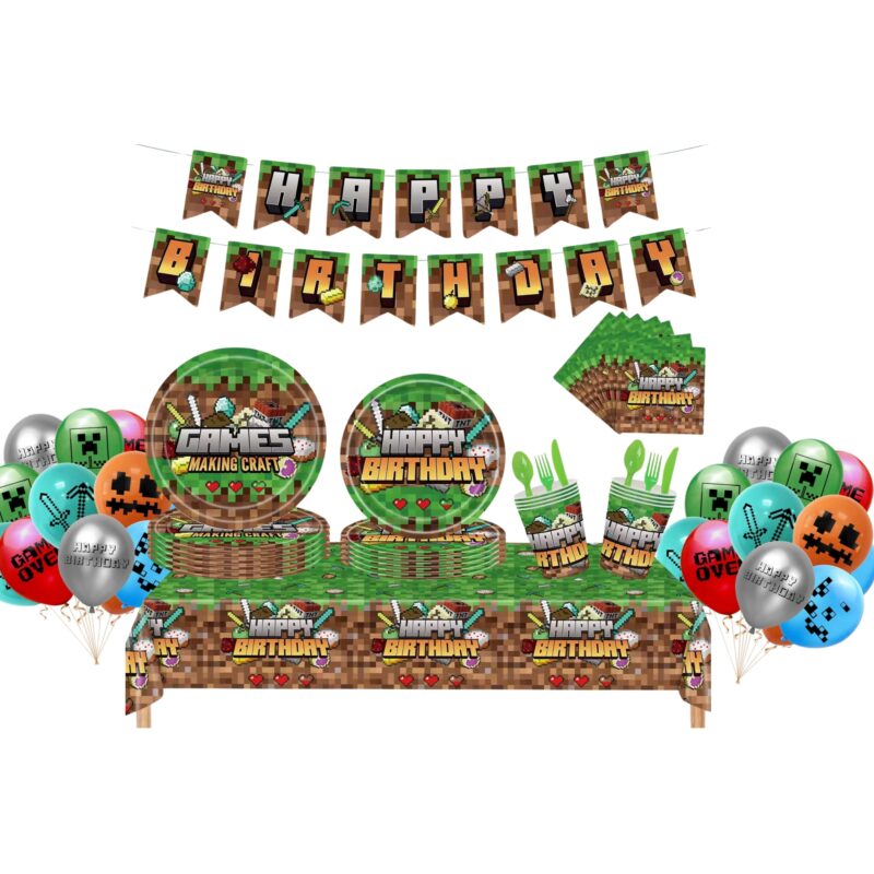 Set vesela pentru 10 copii cu 24 Baloane, Minecraft, Petrecere Aniversara, 1x Happy Birthday Banner 1x Fata de Masa, 10x Farfurie mare, 10x Farfurie mica, 10x Pahare, 20x Servetele, 10x Furculita/Lingura/Cutit, Carton, Verde