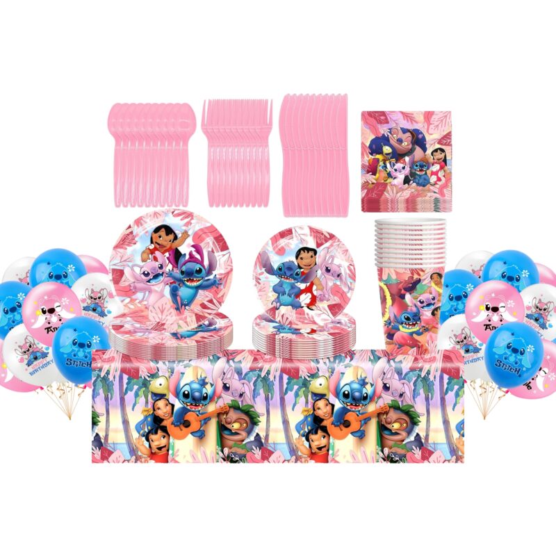 Set vesela pentru 10 copii cu 18 Baloane, Lilo si Stitch, Petrecere Aniversara, 1x Fata de Masa, 10x Farfurie mare, 10x Farfurie mica,10x Pahare, 20x Servetele, 10x Furculita/Lingura/Cutit, Carton, Roz