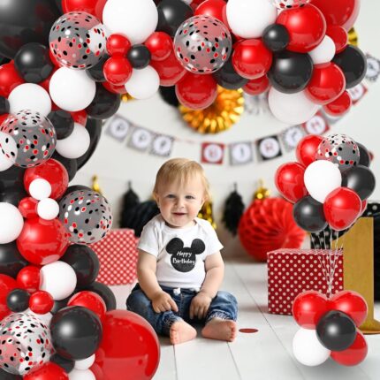 Set baloane si decoratiuni, petrecere aniversare, baloane latex pentru arcada, rosu, negru, alb, 122 PCS, TZ-PD0026