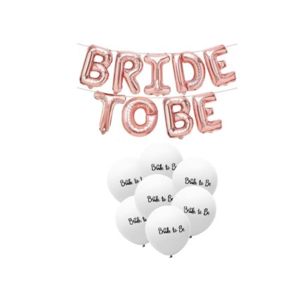 Set baloane din folie BRIDE TO BE, rose gold, 40 cm, 6 baloane din latex alb cu scrisul, 30 cm, Heliu Prove, HAPPY JOKER®