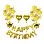 Set 45 de baloane cu confetti, 2 baloane model inima sau stea, HAPPY BIRTHDAY, 45 cm, decoratiune pentru evenimente, auriu, HAPPY JOKER®