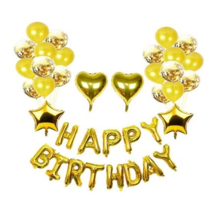 Set 45 de baloane cu confetti, 2 baloane model inima sau stea, HAPPY BIRTHDAY, 45 cm, decoratiune pentru evenimente, auriu, HAPPY JOKER®