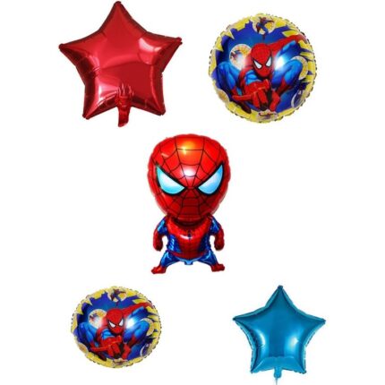 Set De 5 Baloane, Figurina SpiderMan, Baloane Rotunde SpiderMan, Baloane Stea, Muticolor
