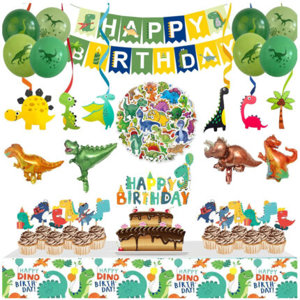 Set 108 baloane si decoratiuni petrecere aniversara pentru copii, Axroad Mall, Design dragut de dinozaur, Includ baloane, banner, fata de masa, vartejuri suspendate, autocolante, Usor de configurat, Verde