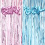 Set 2 bucati de Perdea Decorativa, din Folie Albastru / Roz Metalizat pentru Petreceri Aniversare si Doua Baloane cu Boy si Girl potrivit pentru Gender Reveal, Baby Shower