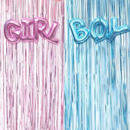 Set 2 bucati de Perdea Decorativa, din Folie Albastru / Roz Metalizat pentru Petreceri Aniversare si Doua Baloane cu Boy si Girl potrivit pentru Gender Reveal, Baby Shower