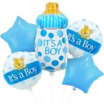 Set 5 baloane folie, decoratiuni petrecere, baby shower, it's a boy - baby boy 80cm, albastru, biberon, ELDEPO®