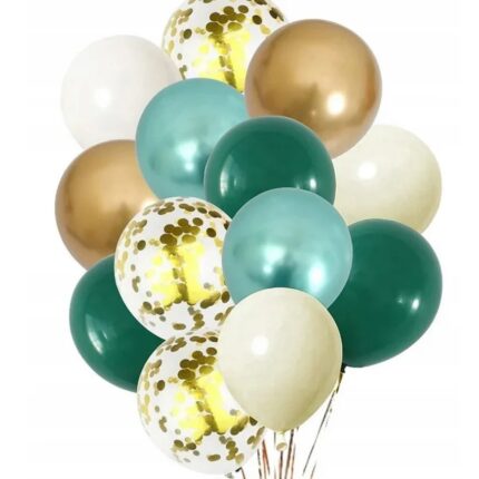 Set 102 baloane metalizate, Zola, aurii, verzi si albe, cu confetti, diametru 27 cm, din latex, compatibile aer si heliu
