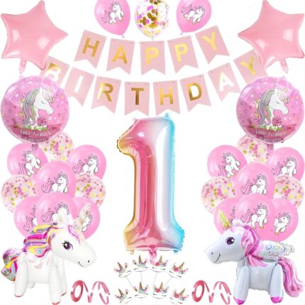 Set baloane aniversare, petrecere copii 1 an, Unicorni, 50 piese