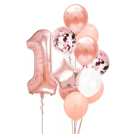 Set 12 Baloane Aniversare 1 An, fata, culoare rose gold, It's Party Time