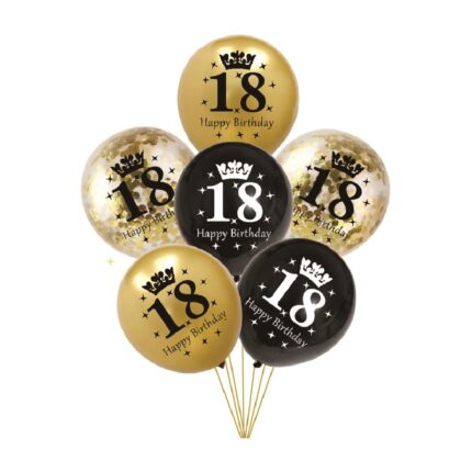 Set 6 baloane party latex auriu, alb, negru, paiete aurii, TZ5206, majorat, 18 ani, happy birthday, 30 cm