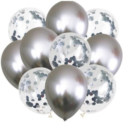 Set 10 baloane transparente cu confetti argintiu / silver Chrome / metalizat 30cm