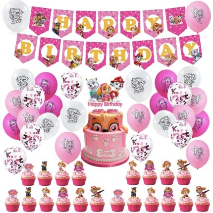 Set 58 baloane si decoratiuni aniversare, Latex, PATRULA CATELUSILOR, roz