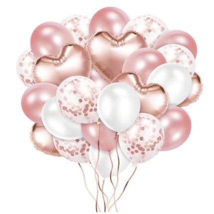 Buchet 6 baloane folie inima si 40 Baloane latex, ideal pentru Aniversare, botez, 45cm, color Rose Gold, HAPPY JOKER®