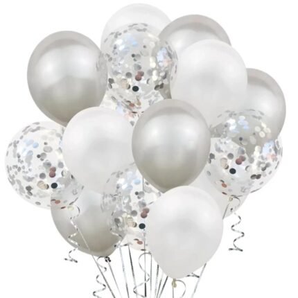Set 15 Baloane Teno®, Confeti, pentru Petreceri/Aniversari/Evenimente, o singura dimensiune, 3 culori, latex, argintiu/alb/transparent
