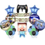 Set De 24 Baloane ANTADESIM, Figurine folie MineCraft 67 cm, Baloane Latex 30 cm, Folie rotunda 45 cm, stegulete decorative, Verde si Albastru