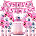Set 18 baloane copii, Lilo & Stitch, Petrecere Aniversara, Latex, 1 Banner Happy Birthday, 12 Cupcake Topper, 1 Cake Topper, Roz