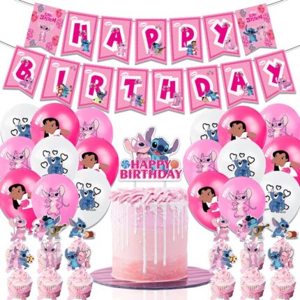 Set 18 baloane copii, Lilo & Stitch, Petrecere Aniversara, Latex, 1 Banner Happy Birthday, 12 Cupcake Topper, 1 Cake Topper, Roz