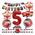 Set 31 baloane si decoratiuni masini Fulger McQueen, Folie de aluminiu/Carton, Multicolor, 5 ani