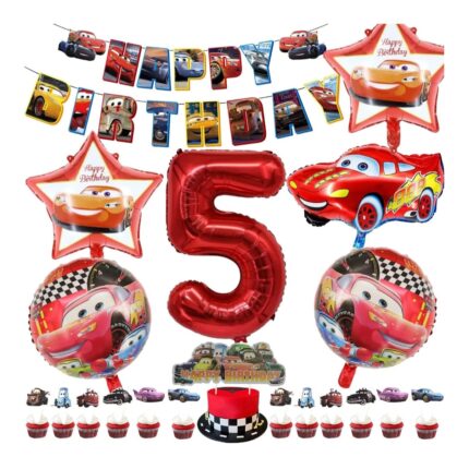 Set 31 baloane si decoratiuni masini Fulger McQueen, Folie de aluminiu/Carton, Multicolor, 5 ani