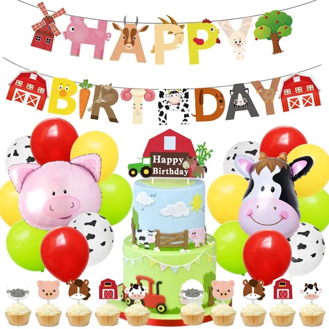 Set baloane decoratiuni petrecere copii fete si baieti Animalele fermei, 31 piese, porcusor, vacuta
