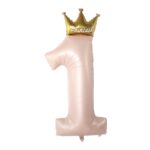 Balon din Folie Metalizata, Flippy, Figurina Cifra 1, Model Coroana Printesa, 91 cm, Ambalaj Individual, Pai inclus, Umflare cu Aer sau Heliu, Roz