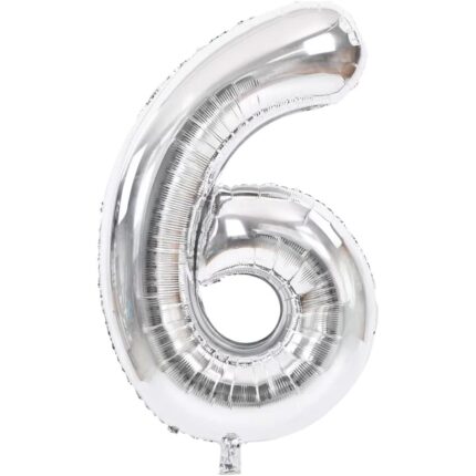 Balon folie in forma de cifra, Argintiu, 40 cm, Cifra 6