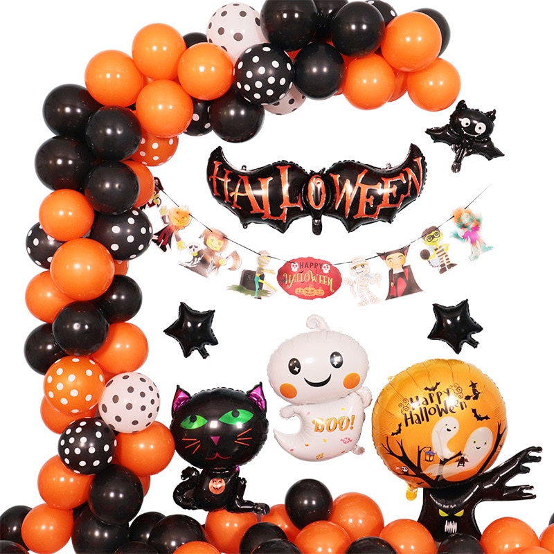 Set baloane, decoratiuni petrecere Halloween, fantoma, pisica, negru, portocaliu