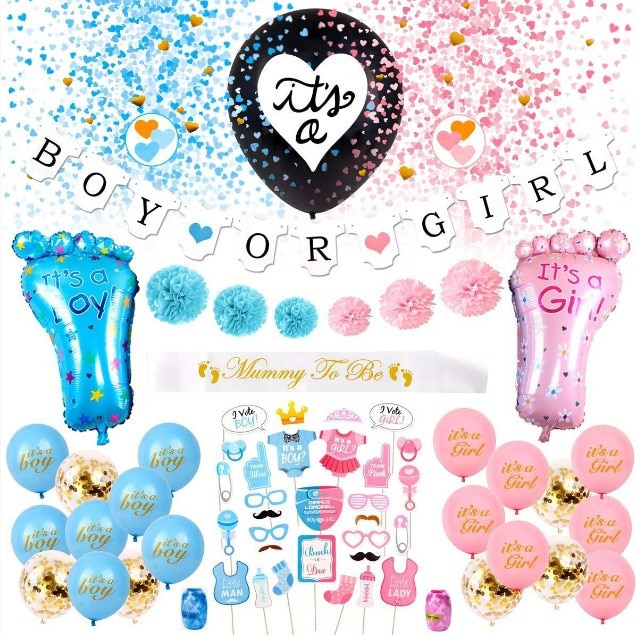 Set complet Gender Reveal, Baby Shower, cu 65 de baloane si accesorii, include panglica pentru mamica, baloane, confetti, accesorii foto