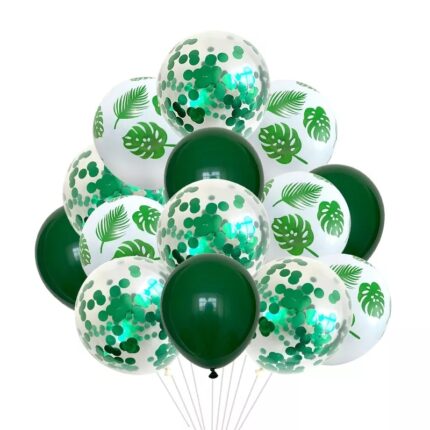 Set 15 baloane din latex pentru petrecere, It's Party Time, frunze, verde inchis / alb,30 cm