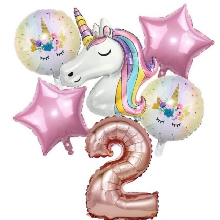 Set 6 baloane folie aniversare 2 ani, folie figurina Unicorn, zi de nastere, 2 baloane folie rotunde Happy Birthday, 2 stelute roz si cifra folie roz