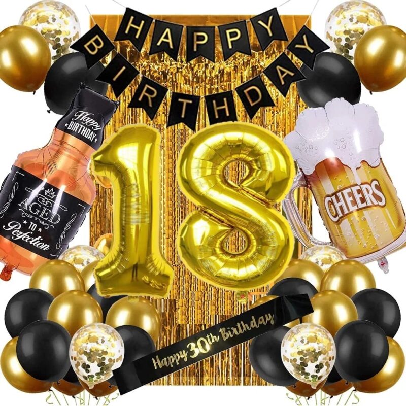 Set baloane si decoratiuni aniversare, 18 ani, 36 piese, ghirlanda, auriu