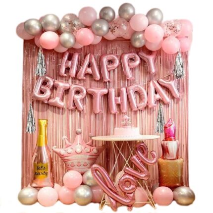 Set decoratiuni aniversare roz, cortina franjuri, bannere si baloane, multicolor, 1mx2m