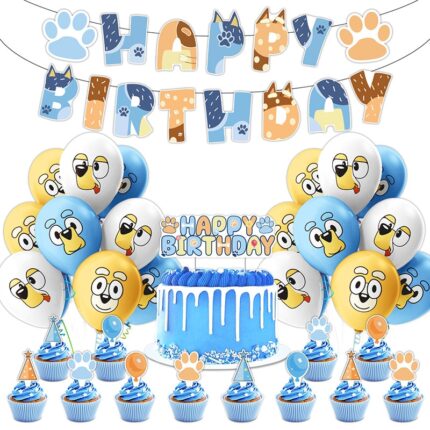 Set 18 baloane copii, New Bluey Theme, Petrecere Aniversara, Latex, 1 Banner La multi ani, 12 Cupcake Topper, 1 Cake Topper, Multicolor