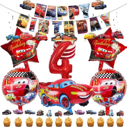 Set decor petrecere aniversare tematica CARS – McQueen, pentru ziua de nastere a copiilor sau pentru diverse alte evenimente, contine 37 piese si un banner Happy Birthday