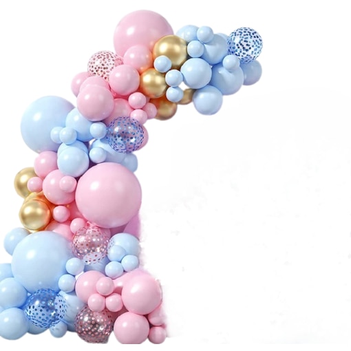 Set Format din 106 Baloane Decorative TrendiShop® Pentru Evenimente, Calitate Premium, Material Latex, Dimensiuni de 45cm, 30cm, 25cm, 13cm, Profesionale si Rezistente, Ideale Pentru Aniversari si Alte Petreceri, Roz-Albastru-Gold