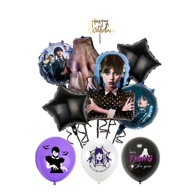 Set cu 9 baloane party Wednesday Addams si topper aniversar Happy Birthday